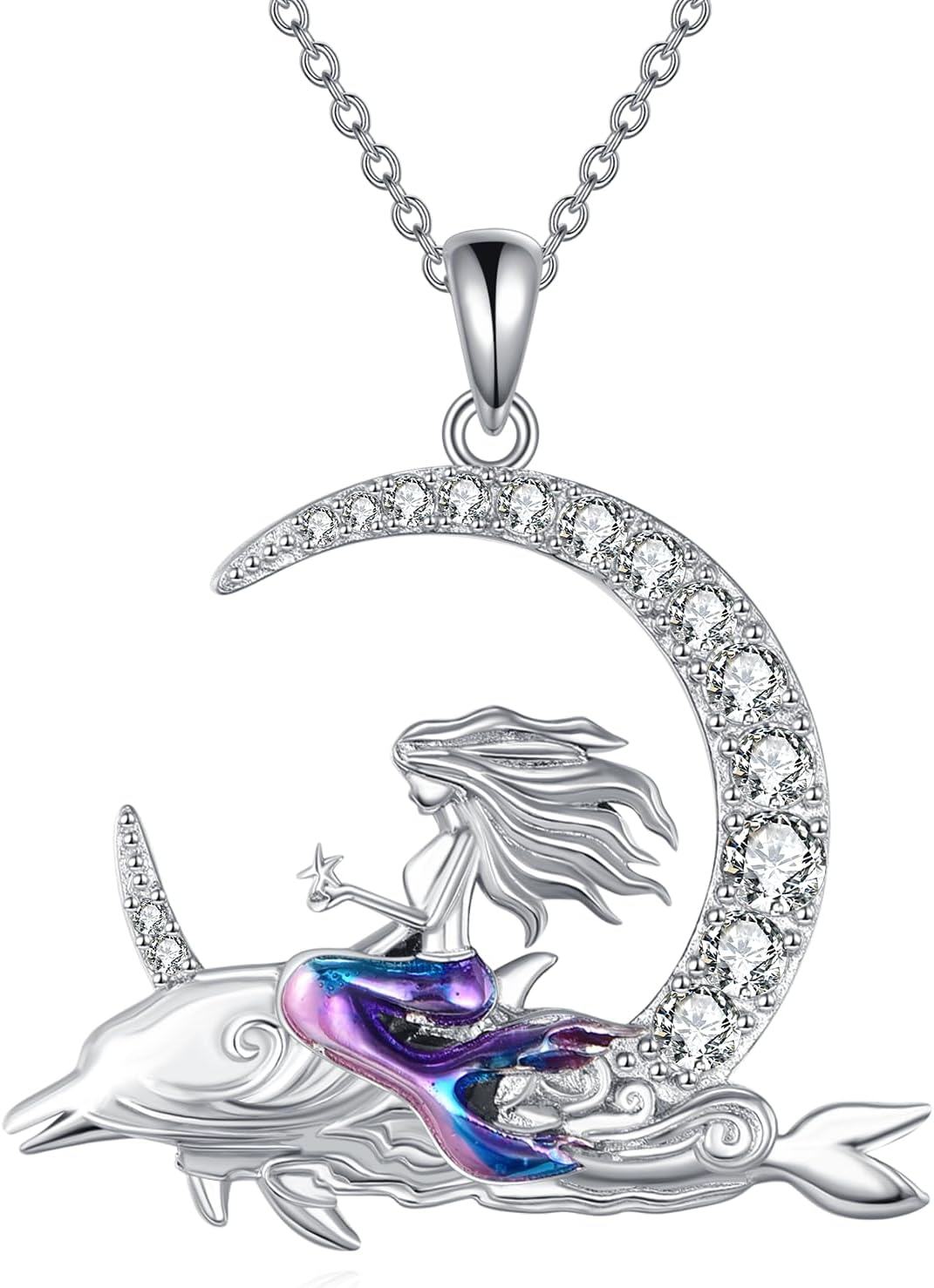 Sterling Silver Moonstone Turquoise Abalone Animal Necklace Cute Jewelry Gift-A mermaid