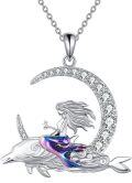 wholesale 925 Sterling Silver Mermaid on Dolphin Moon Pendant Necklace s for Women-0-0