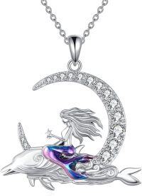wholesale 925 Sterling Silver Mermaid on Dolphin Moon Pendant Necklace s for Women-Mermaid