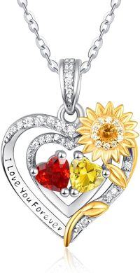 wholesale Sterling Silver 2 Birthstones Sunflower Heart Necklace for Women-01-11-Jan-Nov