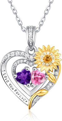 wholesale Sterling Silver 2 Birthstones Sunflower Heart Necklace for Women-02-10-Feb-Oct