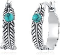 wholesale 925 Sterling Silver Turquoise Feather Huggie Hoop Earrings for Women Native American Style Western  4cm Diameter-Hoop