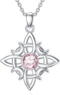 wholesale 925 Sterling Silver Witches Knot Birthstone Necklace Wicca Moon Celtic Pendant-10-Birthstone & October