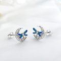 wholesale 925 Sterling Silver Crescent Moon Dragonfly Stud Earrings Wholesale With Blue Enamel Wings-0-1
