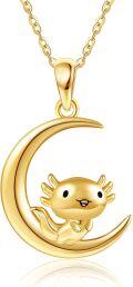 wholesale 14K Gold Axolotl on Crescent Moon Charm Necklace for Women Girls-0-0