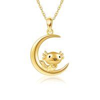 wholesale 14k Gold Crescent Moon Pendant With Cute Axolotl Charm Necklace-K-Axolotl