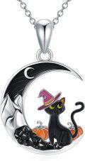 wholesale 925 Sterling Silver Crescent Moon Black Cat Witch Hat Pumpkin Pendant Necklace-0-0