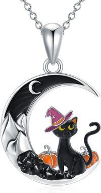 wholesale 925 Sterling Silver Crescent Moon Black Cat Witch Hat Pumpkin Pendant Necklace-Cat with Pumpkin