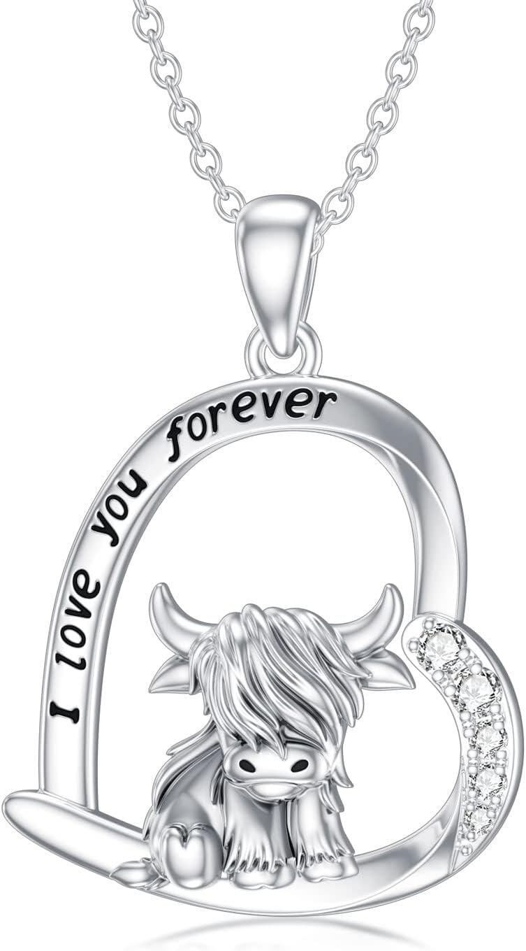 Sterling Silver Highland Cow Birthstone Necklace Jewelry Gifts for Women Girls-8-1-Heart Shaped-8-1-Heart Shaped