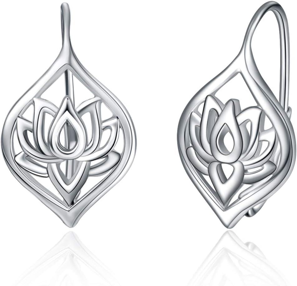Sterling Silver Leverback Dangle Drop Hoop Earrings for Women Birthday Anniversary Christmas Gifts-2-Lotus