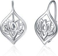 wholesale 925 Sterling Silver 925 Lotus Flower Leverback Dangle Drop Hoop Earrings for Women s-2-Lotus