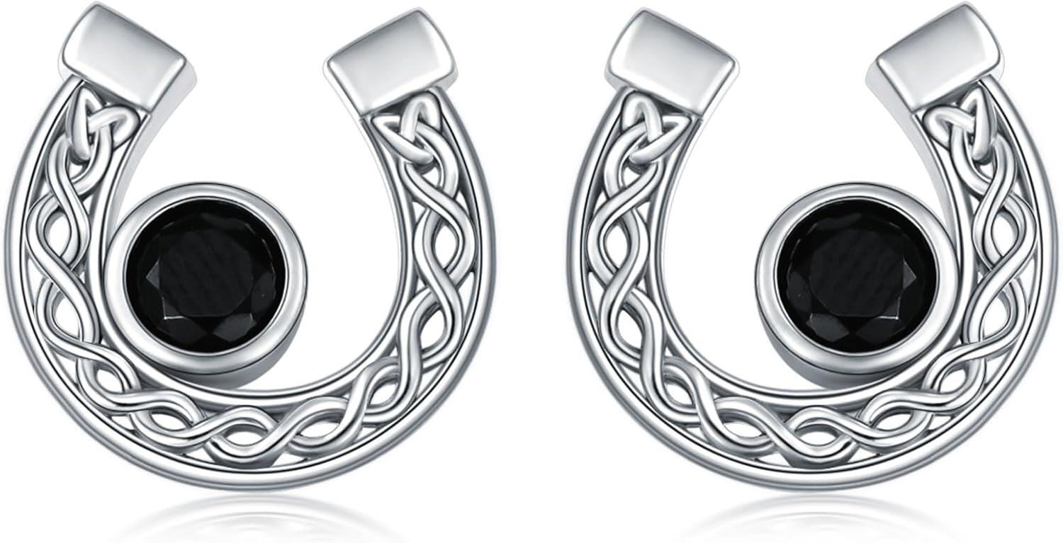 Sterling Silver Black Crystal Celtic Knot Stud Earrings for Women-Horseshoes