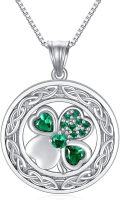 wholesale 925 Sterling Silver Celtic Shamrock Pendant Necklace with Green Cubic Zirconia Stones and Box Chain Gift for Women-0-0
