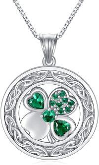 wholesale 925 Sterling Silver Celtic Shamrock Pendant Necklace with Green Cubic Zirconia Stones and Box Chain Gift for Women-Shamrock
