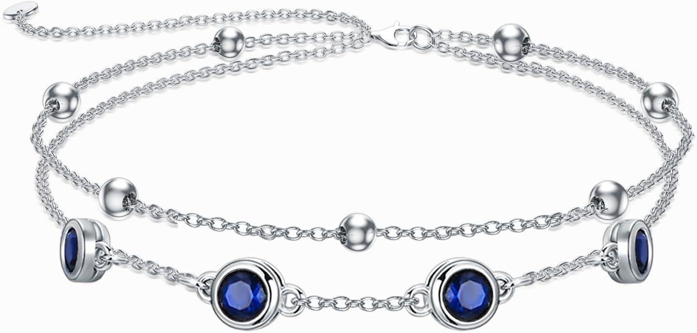 Sterling Silver Birthstone Anklet Bracelets for Women Gifts-09-Sapphire Anklet 9\"-11\"