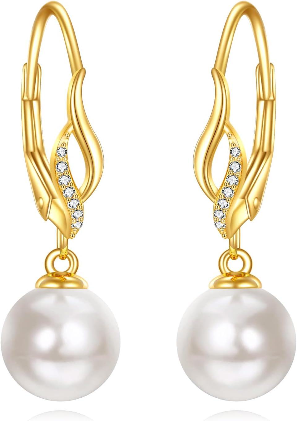14K Gold Pearl Leverback Drop Earrings for Women Bridesmaid Gifts-0-0