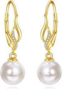 wholesale 14K Gold Pearl Leverback Drop Earrings for Women Bridal-Yellow Gold