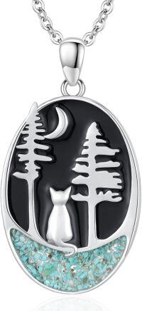 wholesale 925 Sterling Silver Turquoise Forest Moon Cat Pendant Necklace for Women-Cat+Green Turquoise
