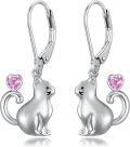 wholesale Sterling Silver Red Heart Cute Cat Dangle Earrings for Women-0-16