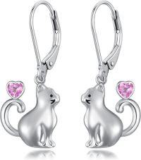 wholesale Sterling Silver Red Heart Cute Cat Dangle Earrings for Women-October