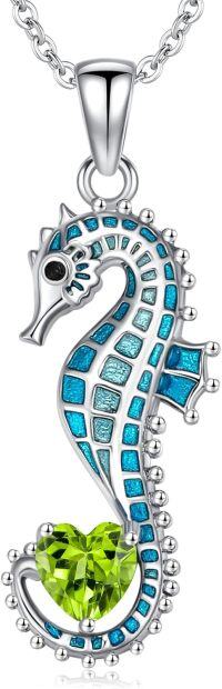 wholesale 925 Sterling Silver Birthstone Blue Seahorse Heart Pendant Necklace-August