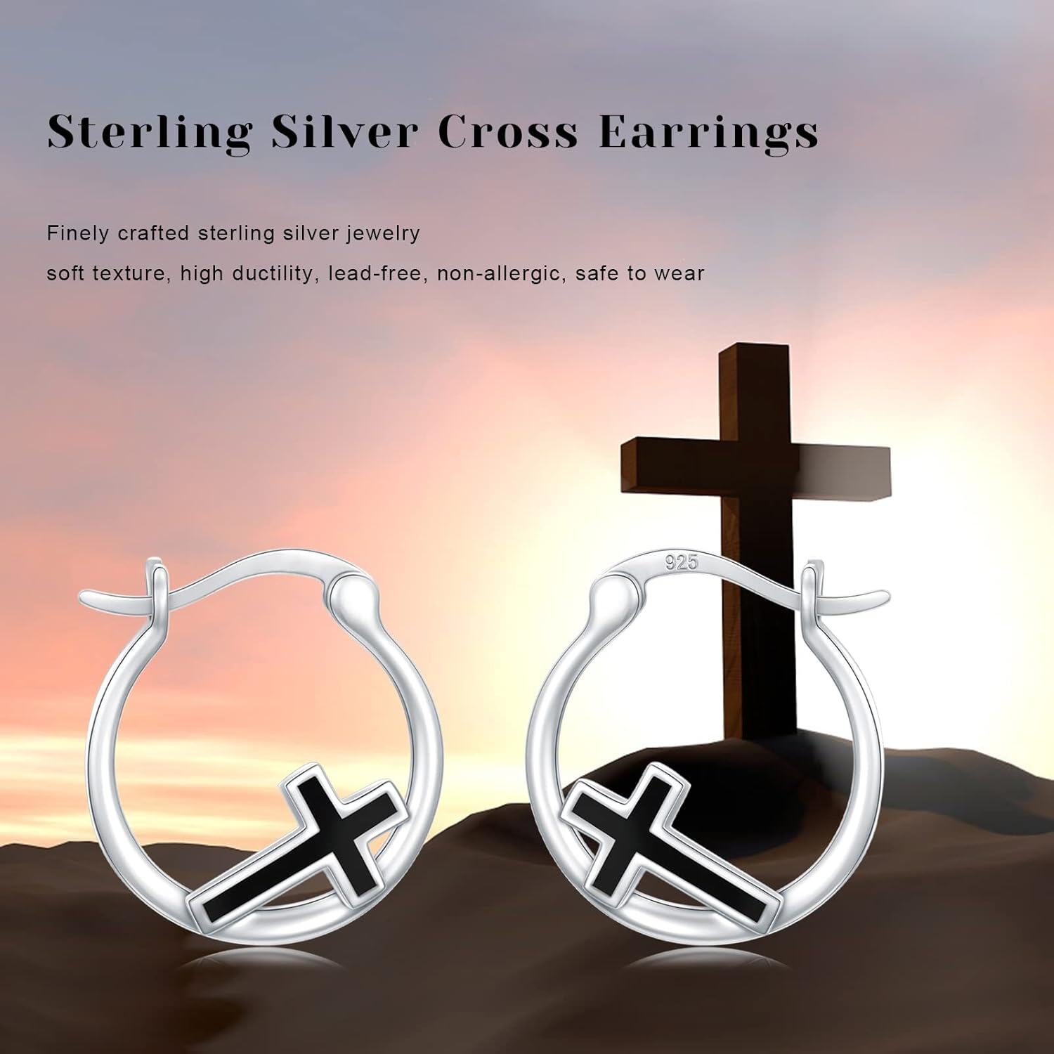 925 Sterling Silver Black Enamel Cross Huggie Hoop Earrings for Women and Girls-0-6