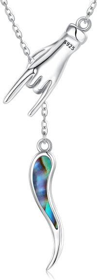 wholesale 925 Sterling Silver Hand Pendant Necklace with Abalone Shell and Cornicello Charm for Good Luck Protection Jewelry-abalone shell