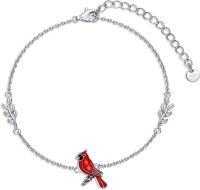 wholesale 925 Sterling Silver Red Cardinal Bird Charm Bracelet with Leaf Design and Adjustable Chain - Perfect Gift for Women & Moms (Autism Awareness)-Red Cardinal