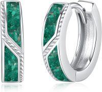 wholesale 925 Sterling Silver Emerald Stone Viking Celtic Cross Huggie Hoop Earrings 15mm for Women Men Gifts-Malachite