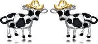 wholesale 925 Sterling Silver Black and White Enamel Cow with Gold Cowboy Hat Stud Earrings for Women & Girls - Farmhouse Western Style (Set of 2)-Cow
