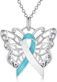wholesale 925 Sterling Silver Butterfly Ribbon Pendant for Ovarian Cancer Awareness s-01-Butterfly-teal&white-Cervical Cancer-01-Butterfly-teal&white-Cervical Cancer