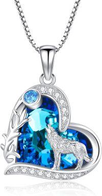wholesale 925 Sterling Silver Blue Crystal Heart Wolf Pendant Necklace for Women-Crystal Wolf