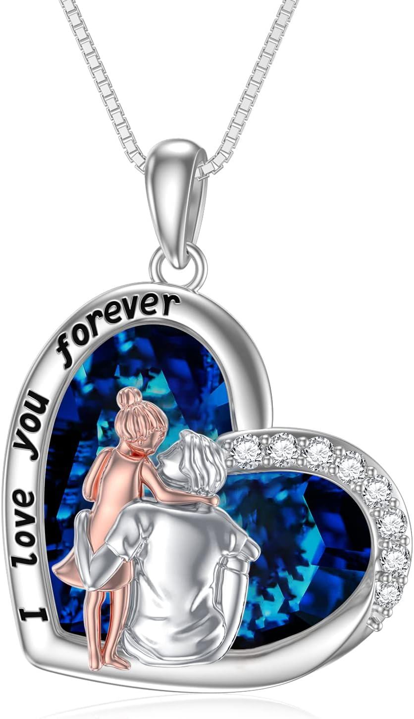 Sterling Silver Sterling Silver Stone Daughter Heart Pendant Necklace from Dad Mom I Love You Forever Jewelry-11-01-Hug-Blue Heart Crystal