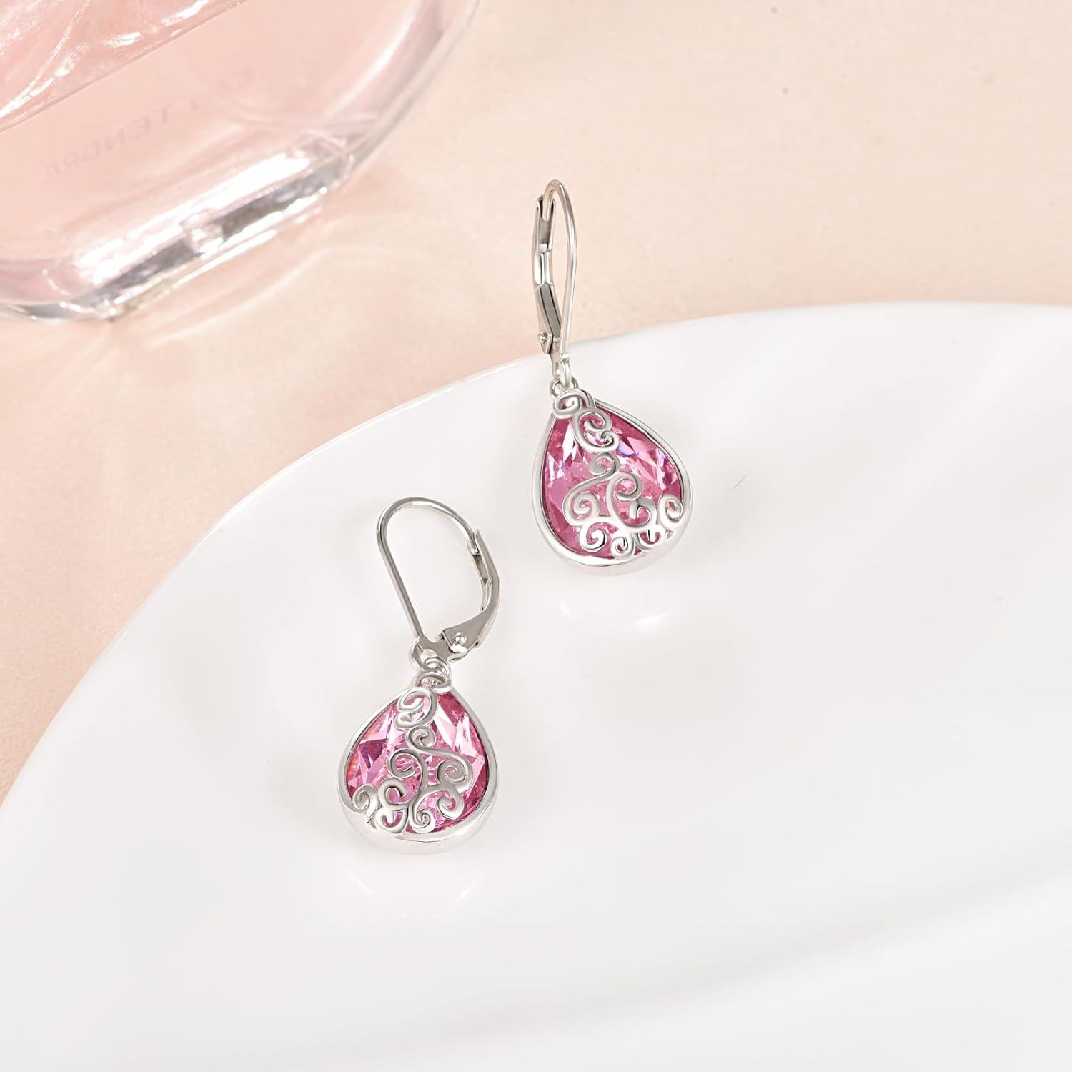 Sterling Silver Birthstone Teardrop Leverback Dangle Earrings-0-3