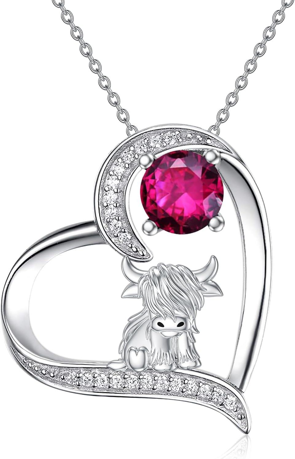 Sterling Silver Highland Cow Birthstone Necklace Jewelry Gifts for Women Girls-1-07-July-1-07-July