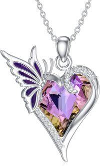 wholesale 925 Sterling Silver Purple Crystal Butterfly Pendant Necklace 26mm 18+2 Extender Chain Gift for Women-Purple