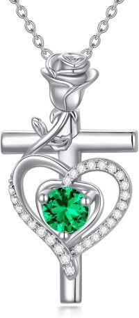 wholesale 925 Sterling Silver Birthstone Cross Necklace for Women Mother s Day Anniversary Birthday Gift for Wife Mom-05-May-Green