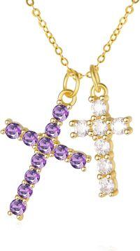 wholesale 14K Gold Sterling Silver Birthstone Double Cross Necklace for Women-02-04-Feb-Apr