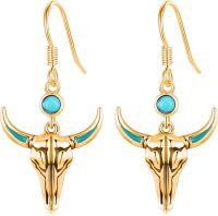 wholesale 925 Sterling Silver & 14K Gold Plated Turquoise Cow Skull Western Dangle Earrings for Women-Gold Cow B