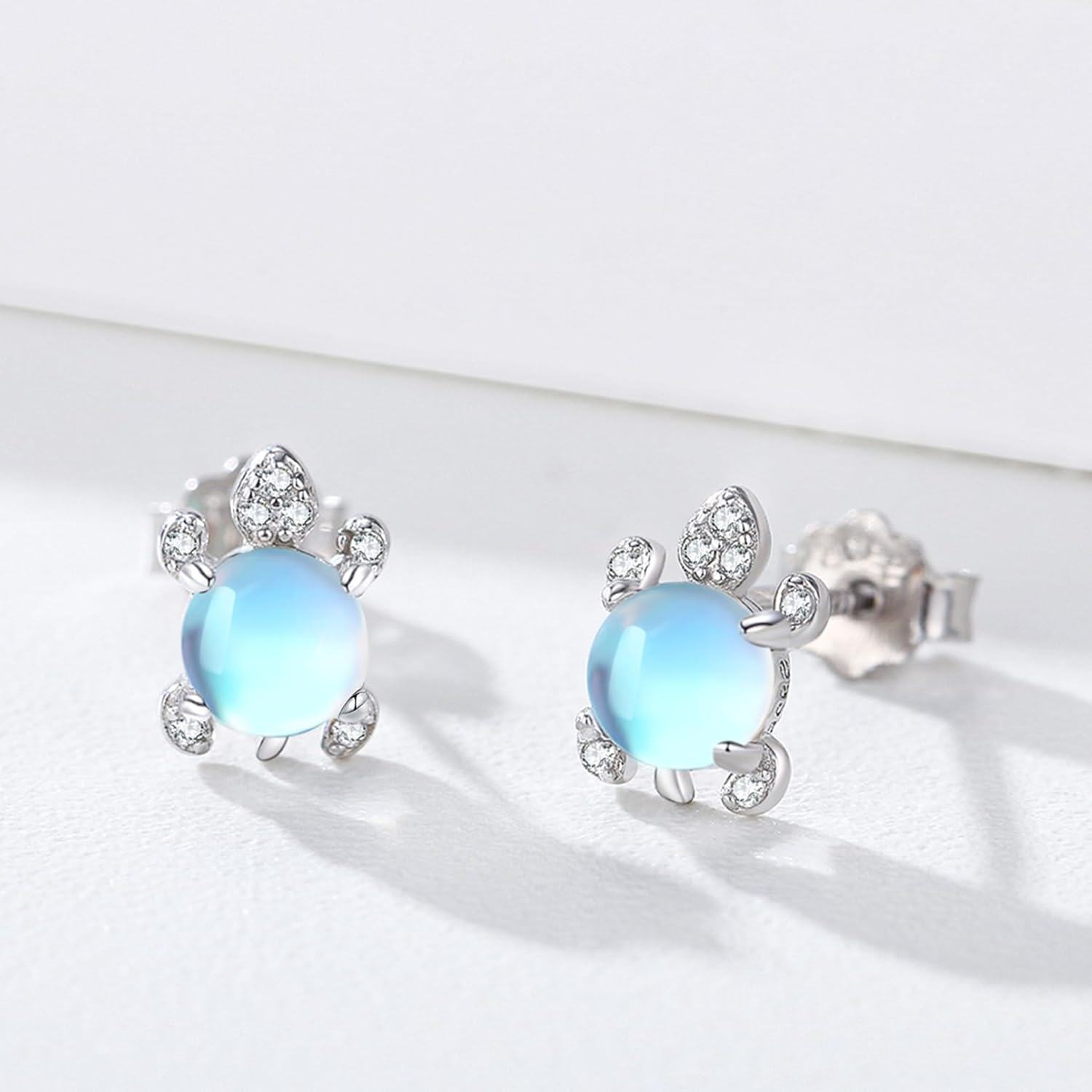 Sterling Silver Moonstone Sea Turtle Stud Earrings Hypoallergenic Ocean Jewelry-0-2