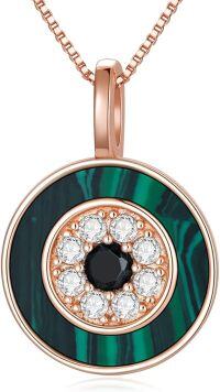 wholesale 925 Sterling Silver Plated Rose Gold Malachite Round Evil Eye Pendant Necklace for Women Greek Protection Amulet s-E