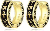 wholesale 925 Sterling Silver Black Enamel Gold Tone Ankh Celtic Huggie Hoop Earrings for Men & Women-Ankh