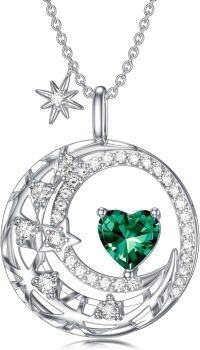 wholesale 925 Sterling Silver Moon & Star Pendant Green Heart Gemstone Necklace s for Her-11