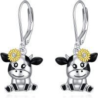 wholesale 925 Sterling Silver Sunflower Cow Drop Earrings for Women Girls  4cm Long-Cow