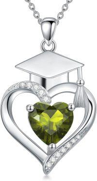 wholesale  Sterling Silver Heart Birthstone Necklace High School College Graduation Jewelry for Her -Non-Personalized 08-Aug-Peridot-Customized projection image + text 08-Aug-Peridot
