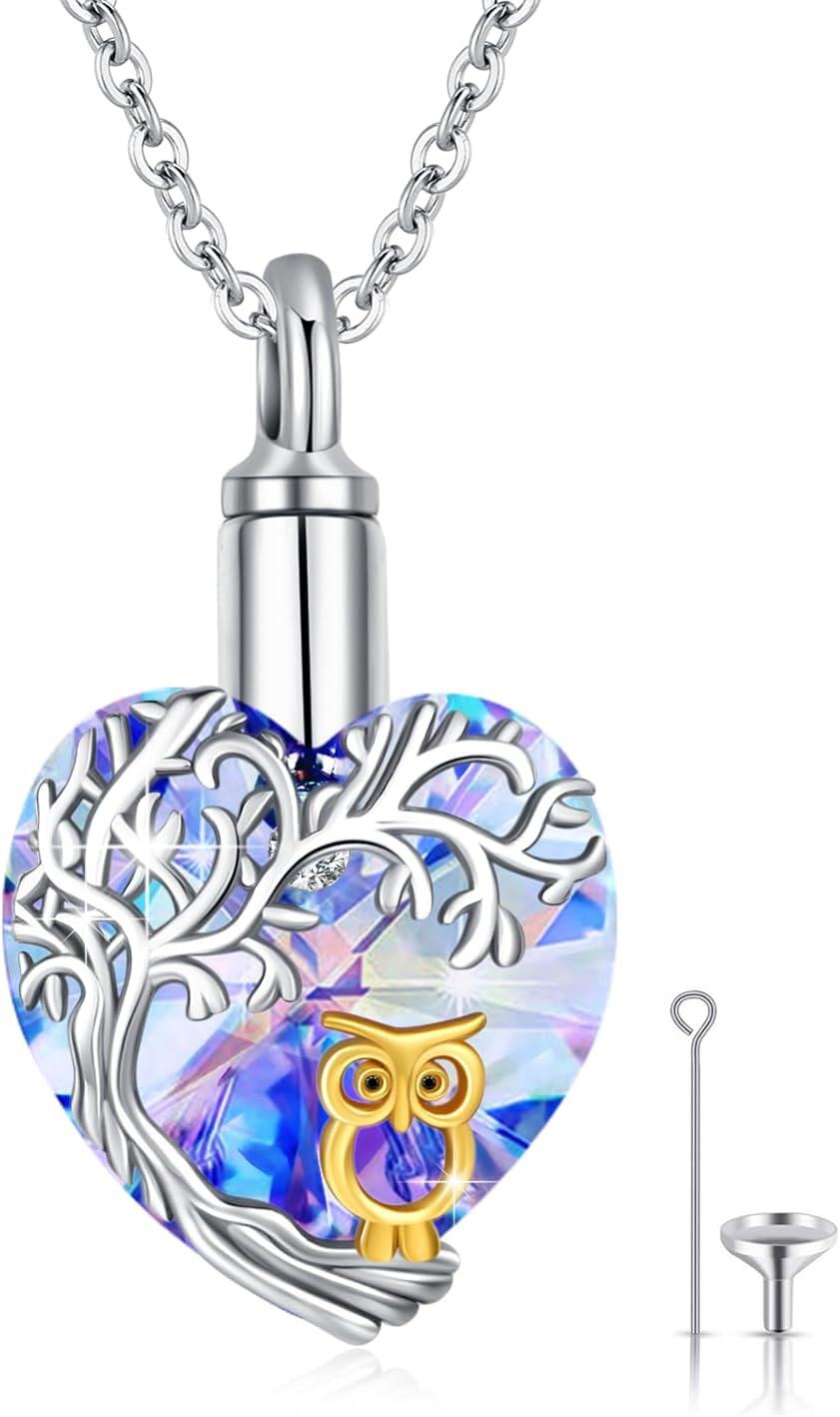 Sterling Silver Crystal Tree of Life Urn Necklace for Ashes w Funnel-Owl Tree of Life Urn Necklace