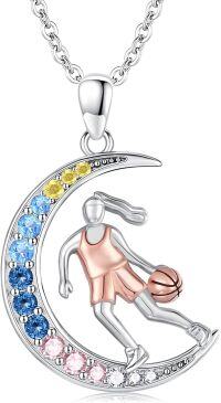 wholesale 925 Sterling Silver Moon Pendant with Dancer and Ball Necklace for Women Sport Gift-Basketball