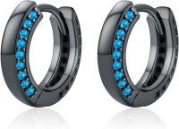 wholesale Sterling Silver 12 Month Birthstone Hoop Earrings for Men Gift for Father Husband-Black Hoops002-12-Dec Blue Topaz