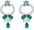 wholesale 925 Sterling Silver Green Emerald Drop Hoop Earrings with Purple Centerstone and Cubic Zirconia Accents-0-0