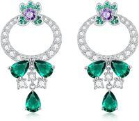 wholesale 925 Sterling Silver Green Emerald Drop Hoop Earrings with Purple Centerstone and Cubic Zirconia Accents-Hoop-Green
